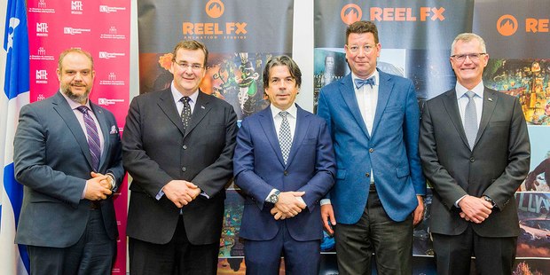 Benoit Dorais, François Blais, Reel FX president and CEO Steve O’Brien, Hubert Bolduc and Pierre Gabriel Côté announce Reel FX is opening an animation studio in Montreal.