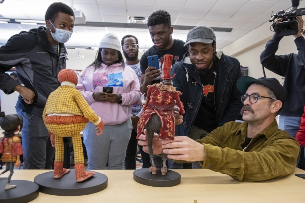 LAIKA staff, including head of animation Brad Schiff and BSU alum Vinceaun Minto, speak to students about stop-motion animation, at the celebration of Bowie State's stop-motion animation studio. All images courtesy of LAIKA.