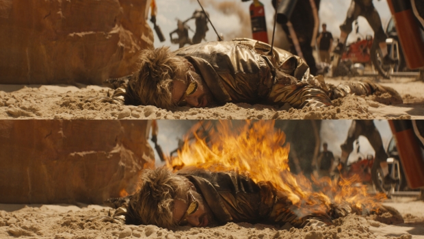 Star Ryan Gosling in flames on David Leitch’s ‘The Fall Guy.’ All images © Universal Studios. All Rights Reserved. VFX images courtesy of Cinesite.