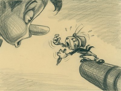 Visual development for ‘Pinocchio,’ pencil on paper; collection of The Walt Disney Family Foundation, gift of Ron and Diane Miller. © Disney.